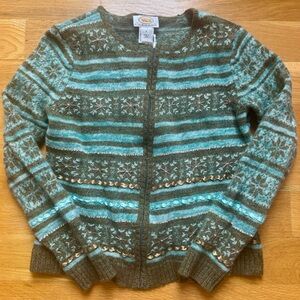 Talbots Blue/Green Cardigan Sweater | Striped with Snowflake Embellishments | M